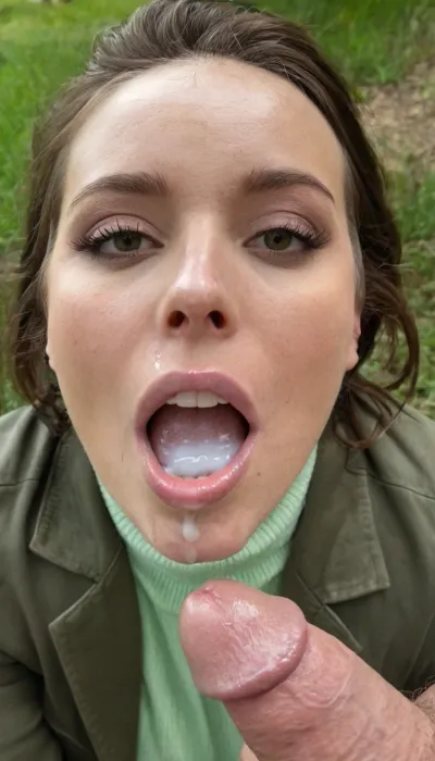 closeup of a girl's glossy lips with strings of cum between upper and lower lip, (pale skin), (dark green eyes), (strings of cum:1.3), (threads of cum:1.3), (cum between lips), (dripping cum), (cum dripping from teeth:1.3), (pink lips), (skin pores), (detailed skin), (beautiful face), (short wavy hair:1.4), (loose curls:1.1), (brunette hair), (pixie cut:.5), (Northern European), (freckles), (cum hanging from teeth), (mouth open:1.2), (clothed:1.4), (brown cord jacket:1.5), (long, green, knitted scarf:1.1), (wearing a pullover:1.4), (realistic transparent liquid), (close up of lips:1.4), (detailed teeth), (realistic teeth), (imperfect teeth), (in a green park on a summer's day), (finely detailed skin:1.2), (skin blemishes), (cum on lips:1.2), (sun is shining)