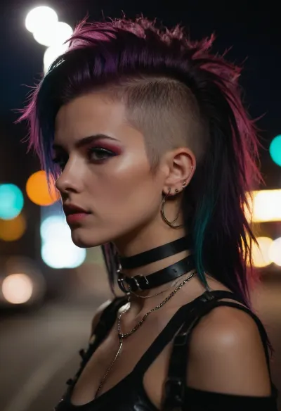 avant-garde snapshot aesthetic, deep saturation, shadowy vignetting, light leaks, film grain, bokeh, night, black long hair mohawk side combed, oversized choker with o-ring, well-built, Holo-Punk, Style, <lora:HoloPunkXL:.5>