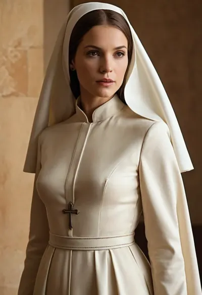 A woman about 5′ tall, dressed in a conservative business suit and a small nun’s veil was walking towards her. Although the veil gave the nun a kind of generic physical persona by hiding many of her desirable feminine qualitys such as hair color and style, it could not vanquish her clear skin, petite mouth and refined bone structure. Nor could her conservative dress hide the shape of her perfect breasts, slim waste and well proportioned hips and ass. Before she caught herself, Jennifer imagined what the nun would look like naked in thralls of sex.