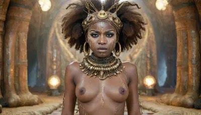 (masterpiece, perfect illumination, ultra detailed, best quality), (detailed face), photorealistic, highly detailed skin, dramatic lighting, highly realistic hair, detailed hair, detailed anus, perfect pussy, Enslaved Afrofuturist Princess covered in cum, cum an face, cum in afro, cum on hair, cum on body, cum on tits, cum on thighs, post-bukkake, captive princess, golden chains, colourful beaded collar, (full-body shot of Enslaved Afrofuturist Princess), seductive look on face, groovy space-age fuck pad, shag carpetting on every surface, (afrofuturist), (black girl, black skin, very dark skin, black negro, african), age 18, groovy afropuffs hairstyle, freckled cheeks and nose, full bush of pubic hair, skin detail, pores, sweat, groovy space-age lingere, tits out, Futurism, of, Afrofuturism, woman, cum, on, face, <lora:JJsFuturismStyle_Interior_XL:.4>, <lora:Afrofuturist_Fashion:.6>, <lora:tbh324-sdxl:.1>, <lora:JustCum:.8>