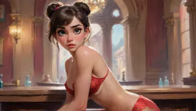 ((full body shot)), realistic v3, ((brunette with a fringe)), ((anorexic)), high definition, Beautiful 27 years old American-Italian brunette, very pretty and elegant, (no panties), lace garter, black, fabric, floral, embroidery, lace underwear, detailed beige skin tone, round E size tits, alone, earrings, jewelry, facing forward, round lips painted in fiery red, athletic body with sexy legs, round blue eyes, detailed high ponytail hairstyle, Roman nose, bare shoulders, slightly open mouth, sitting in the palace bar, perfect fingers and hands, detailed skin, the background of a palace bar, detailed background, <lora:580159_training_data:1>, <lora:Animated_Concept:.8>