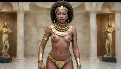 (masterpiece, perfect illumination, ultra detailed, best quality), (detailed face), photorealistic, highly detailed skin, dramatic lighting, highly realistic hair, detailed hair, Enslaved Afrofuturist Princess, (covered in cum), (cum on face), (cum in afro), (cum on hair), (cum on body), (cum on tits), (cum on thighs), (post-bukkake:1.3), (excessive cum:1), captive princess, ((golden chains)), ((gilded colourful beaded collar and cuffs and shackles)), (She is in chains), ((gilded slave collar)), ((gilded slave shackles)), (full-body shot of Enslaved Afrofuturist Princess), (space station), (black girl, black skin, very dark skin, black negro, african), very slender, perky natural breasts, age 18, groovy twin-afropuffs hairstyle, smooth waxed pussy, skin detail, pores, sweat, gilded scifi lingere, tits out, Thick, steel, collar, TSH, anchespaceroom, master, woman, tech, Futurism, <lora:Afrofuturist_Fashion:.7>, <lora:JJsFuturismStyle_Interior_XL:1.2>