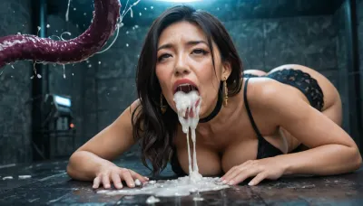In a luxurious oriental strip club, kotomi an old oriental gilf former pornstar is painfully possessed by utoque, a dark tentacle shapeshifting spirit, but rather than completely destroy her spirit, utoque forms a sexual symbiosis with kotomi, to use her to devour the corpses of beautiful sexy asian female milf prostitutes, (restoring kotomi's milf form and beauty by assimilating the corpses of beautiful sexy asian female milf prostitutes for utoque consumes the soul of her victims transforming their bodies into corpses for kotomi to consume:1.4), wearing alluring slutty outfit, diamond costume jewelleries, steel choker, high heels, sloppy tentacle deepthroat, hardcore tentacle sex, eating cum, super massive boobs expansion, choking mouth full of cum, covered in alot cum, squirting, uncontrollable spasmic orgasm, assimilation, overdosed on cum, orgasmic seizures, eyes rolling, motionless, deadly competition, foaming, unconscious, collapse, murdered, killed, gutted, necrophilia, destroyed pussies, messy, portal, mirror, best quality in 4k
