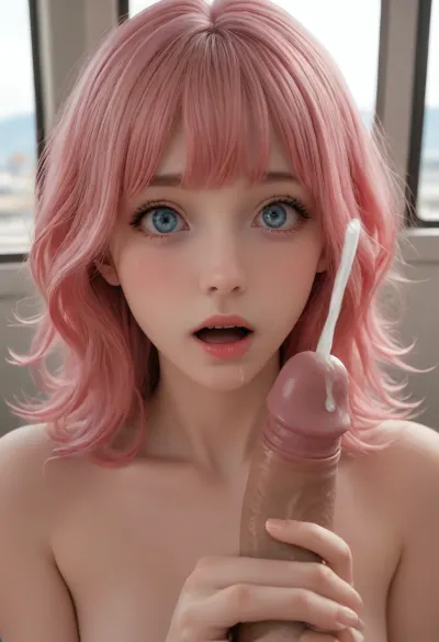 1girl, 30 years old, short dark pink hair, darker locks, ((bangs)), loose hair, perfect face, very shocked face, mouth wide opened, beautiful big blue eyes, skinny, naked, detailed skin, holding penis of viewer very close to her face, saliva flowing on penis, ((extremely powerful straight cumshot in motion)), in a bus, shiny sunlight on girl, <lora:add-detail-xl:.5>, one, sexy, woman, shocked, by, huge, cock, cockshock, <lora:cockshock:.8>