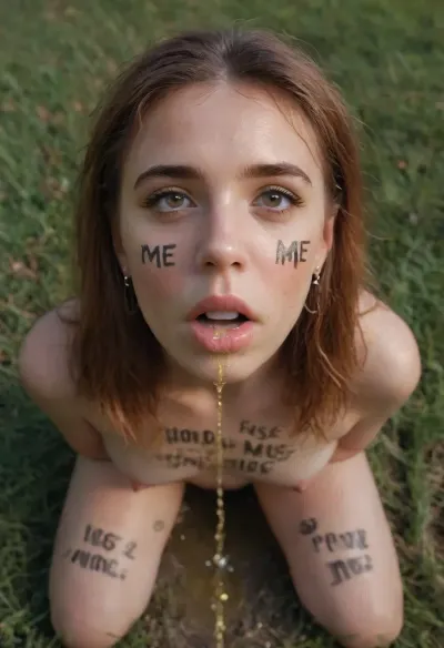 A nude ginger woman, brown eyes, kneeling, grassy field, looking up, looking at viewer, Pissing, body writing, (realistic:.6), (the words "piss", "WHORE", "USE ME":1.6), written in black marker all over her body and face, <lora:288407_training_data:.5>