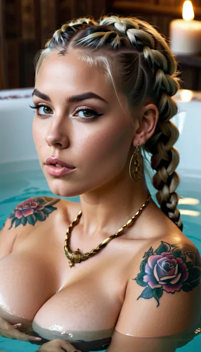 beautiful girl in the jacuzzi, blonde with black roots braided ponytail hair, perfect skin with pagan tattoos of mystical cults, very detailed, ultra realism, large, breasts, big, boobs, huge, tits, <lora:bombshell_v2:.4>