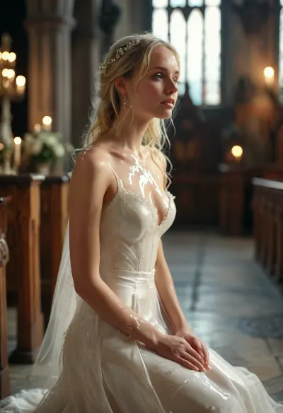 Elegant blonde woman wearing a wedding-gown with white liquid on her face, kneeling in a church, blushing, facial, cum, on, face, breasts, in, perfect, <lora:Facials:.2>, <lora:MJ52:.8>