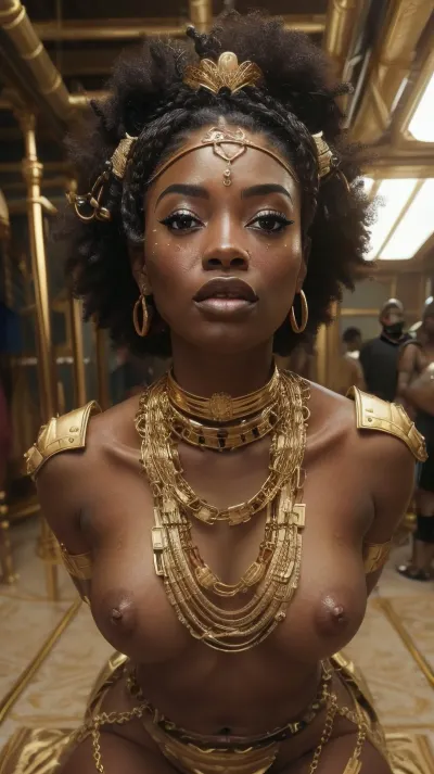 looking at viewer, eye contact, Short hair, ((high detailed skin)), 8k uhd, dslr, high quality, detailed skin texture, (highly detailed hair), sharp body, highly detailed body, (realistic), soft focus, insanely detailed, highest quality, (freckles:.5), (skin pores, skin imperfections), seductive, high resolution photography on a nikon camera, perfect makeup, friendly, flirty, her lips are thick, erect nipples, kneeling, high angle, looking up, shot from above, submissive, (masterpiece, perfect illumination, ultra detailed, best quality), (detailed face), photorealistic, highly detailed skin, dramatic lighting, highly realistic hair, detailed hair, Enslaved Afrofuturist Princess, only one woman, captive princess, (gilded colourful beaded collar and cuffs and shackles), (gilded slave collar), (gilded slave shackles), (full-body shot of Enslaved Afrofuturist Princess), (space station), (a slave in chains), (black girl, black skin, very dark skin, jet-black skin, black negro, african), slender figure, perky small natural breasts, dark puffy nipples, age 23, groovy twin-afropuffs hairstyle, full thick bush of pubic hair, skin detail, pores, sweat, gilded scifi lingere, tits out, anchespaceroom, master, tech, style, of, Afrofuturism, epiCNegative, <lora:tbh324-:.5>, <lora:ReaLora:.5>