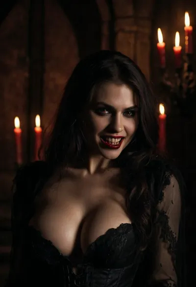 ((ultimate realistic photo)), ((25 yo vampire girl)), 18th century dark clothing, deep cleavage, ((large breasts)), ((showing her vampire teeth:1.4)), in a medieval candle lit castle, blood dripping vom chin, goddess, gracious, sexy, fierce, forceful, lascivious, fascinating, desirable, intoxicating, scary, eerie, ((evil deranged smile)), UHD 8K, cinematic masterpiece, maximum quality, maximum details, realism, score 9, score 8 up, score 7 up, <lora:Mistress_of_the_night-000016:.8>, <lora:dark:.8>, Perfect, Fangs, fangs, sharp, teeth, fang, <lora:Unfazed vampire - XL SDXL V1.0:.8>