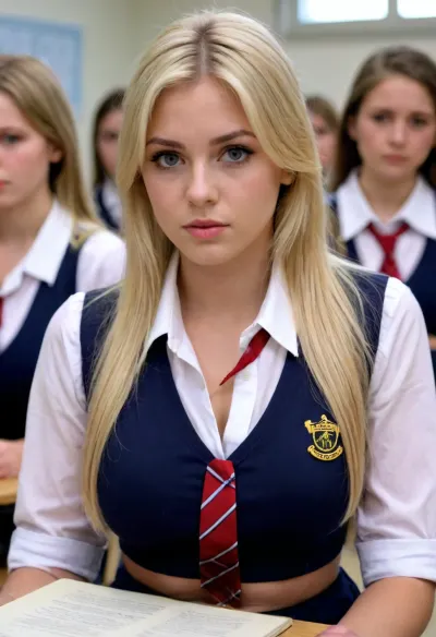 A classroom full of 18 year old insanely hot very busty blonde students in very tight school uniforms, untratight, boobs bursting out of shirts, lots of cleavage