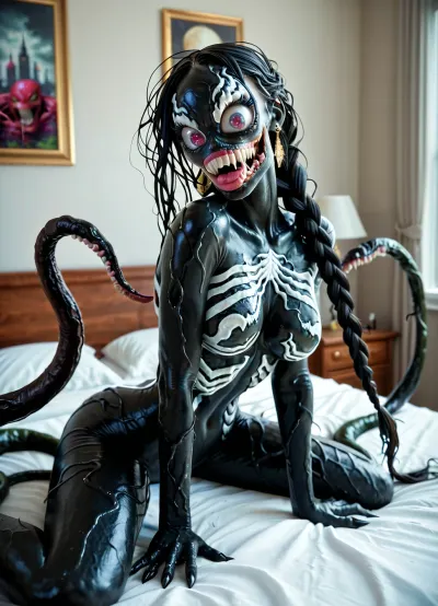 beautiful alien with colorful eyes, looks out from under her eyebrows, girl with huge multicolored eyes in a tight textured outfit, black hair, fur, zombie symbiote, klintar, venom, slim, huge lips, big eyes, long braid, radiant, detailed texture drawing, full growth, posing on bed, sitting on bed feigning modesty, lace, tentacles