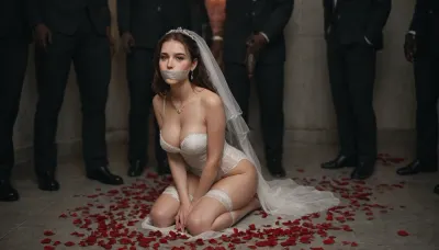 A humiliated white bride in a wedding scene, kneeling submissively before two dominant black men with giant black Penis, wearing a white slutty wedding dress with a torn veil, a black spade symbol on a necklace around her neck or a black spade tattoo on her stomach, kneeling in shame, a dark and erotic wedding setting with red lighting, rose petals on the ground, a sign saying 'Worthless White Groom' in the background, power dynamics, racial humiliation theme, real breeding fantasy theme, cinematic style, highly detailed, dramatic lighting, 8k resolution, rope, black, tape, gag, bondage, <lora:SDXLHighDetail_v6-000005:.6>, <lora:bdsm_SDXL_1_:.6>