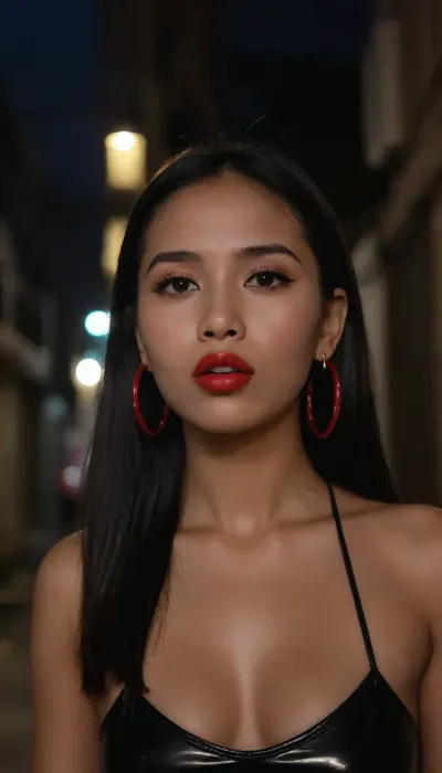 full-body, low angle, long shot, In a side street room in Pattaya, clear detailed background, 18yo, thai woman, dark skin, tanned skin, wide nose, flat nose, big full lips, full lips, large mouth, long chin, strong chin, dark red lipstick, (thin plucked eyebrows), look straight at camera, perfect lighting, Glossy black hair, large red hoop earings, black pvc trousers, Outdoors at night, Pattaya alleyway, people are walking in the background, best various oral sex position, sloppy hardcore deepthroat on a man's penis ballsdeep, all the way to base blowjob, throat-fuck, throat buldge