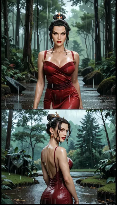 Azula sato from Avatar, comic dress, raining day, forest
