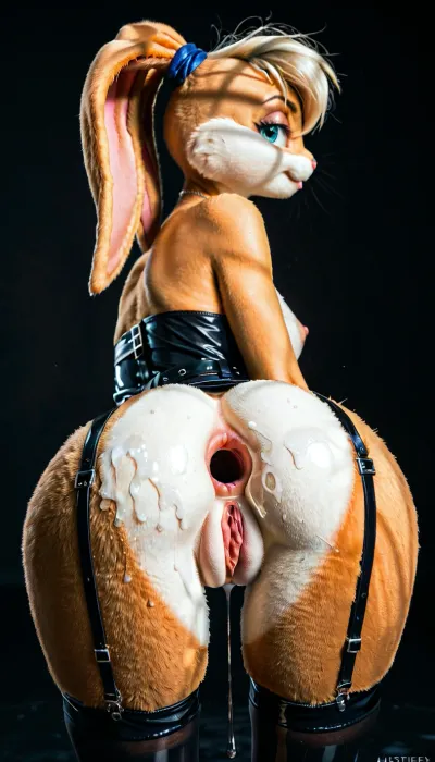 (Lola bunny, furry, black latex, shaved), The girl lies on her back with her legs spread and thrown back behind her head. The view is close to the anal and vagina. Hyper vagina and anus. The girl spreads her buttocks with her hands, expanding the anal opening. The vagina is very beautiful, dripping with natural female lubricant. The girl is wearing a canonical outfit. The girl's body is thick, with a tummy, but very beautiful. Shaved pussy. The background is black, stockings with garters and belt.