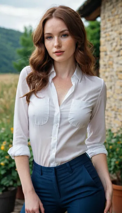 Elegant woman, 29 years old, long wavy hair, chestnut hair, petite woman, 1.50m, small ass, round ass, small round breasts, firm breasts, ((pale skin)), freckles. smartly dressed, wide blue navy trousers, white shirt.