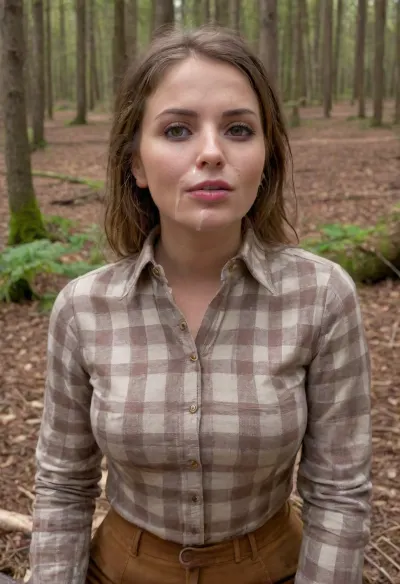masterpiece, best quality, 1 girl, swedish 30yo, solo, tight beige jodhpurs, riding boots, (brown checkered shirt blouse with rolled up long sleeves:1.4), outdoors, brunette hair, bright ice blue eyes, short haircut with side parting, hair tucked behind ears, on a ride through the forest, she sits on a log, (her face is covered with cum, big cumload on her chest, cum on clothes, cum threads drip from chin:1.4), facial, cum, on, face, breasts, stomach, covered, in, perfect, <lora:681678_training_data:.5>, <lora:Facials:.7>