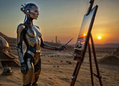 (4K UHD ultra-detailed RAW photo), high detailed, 8k, (photorealistic:1.7), ((solo)), A female robot artist, ((paints sunsets)), on the surface of an artificial planet, ((easel)), distant view, Tatooine, <lora:Tatooine:.8>, Photography, stvmccrr, style, <lora:stvmccrr:.8>, Cybernetic, <lora:Cybernetic:.8>