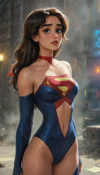 Photorealistic with perfect details, Cinematic, Masterpiece, HD, Sexy CGI.

Beautiful woman "Disha Patani", Platinum blonde hair, sparkling bright glowing Blue eyes, expressive face. dishap, <lora:dishap:1>, Wearing a intricate costume, ("Full Sexy Armor"), a costume that embodies the form of "Supergirl-DC Comics", (Armor Chest and Thighs open), .
Futuristic Costume Design. Street Fashion clothing, Wearing a ripped denim jacket and a tight yoga pants.

- High heels are very detailed, hand guards are very detailed.
The costume is White with a combination of Gold and Red.

- The chest and thighs are clearly visible.
Perfect hourglass body curves, natural breasts, plump hips, flat and slim stomach, abs, big thighs, large buttocks.
There is a picture of the "SuperGirl" Logo lit up. highlydetailedbody, realisticface, highlydetailedhair, insanelydetailed, 8K.highdetailedskin, highresolution, perfectfingers. DCEU, Supergirl, <lora:Supergirl:.5>, Pose, Action pose Walking in the middle of a quiet and deserted Metropolis city square.
War scars, destroyed cities, muddy and shabby streets.
Dark night, black clouds, dim light, thick black smoke.
Tense atmosphere.

"FANTASY WORLD", (j_cartoon:1.5), Drawing, <lora:samdoesarts1.1-000030:.4>, <lora:J_cartoon:.3>, <lora:Animated_Concept:.4>
