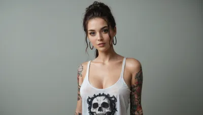 beautiful slim fit girl gangbanged, 19years old, fluffy ponytail hair, extremely loose oversized tank top, large neckline with uncovered, busty, (40DDDcups:1.4), eyeliner, full body view, full body tattoos, many tattoos, accurate eyes, realistic detailed eyes, realistic skin texture, high quality, photorealistic, extremely detailed, high resolution, high resolution face, high resolution eyes