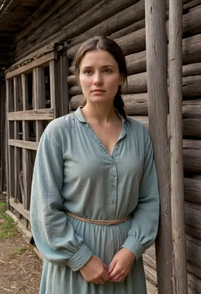 A beautiful curvy peasant woman, 40 years old, of Slavic ethnicity, stands near a dilapidated wooden barn. Her face holds a calm, yet weary expression. Her dark brown eyes, slightly downturned. She's dressed in a long, linen shirt, reaching her ankles, unbelted, the neckline modestly tied with thin hemp strings. The shirt, a muted, greyish-white, is creased and stained from years of wear, its texture coarse and slightly rough. Her hands, calloused and strong, hang loosely at her sides, her posture stooped yet dignified. The woman's dark hair is pulled back in a simple braid. The barn, constructed from aged, grey wood, shows signs of decay—warped planks. The background is a muted palette of browns, greens, and greys, reflecting a late afternoon light. The overall style evokes a realistic portrayal, reminiscent of Russian realism, with a focus on capturing the raw honesty and dignity of rural life. The composition is a three-quarter view, slightly low angle, emphasizing the woman's stature against the imposing backdrop of the barn. The lighting is natural, diffused sunlight casting soft shadows, enhancing the textures and details of both the woman and her surroundings., <lora:traditional_russian_home_xl_1:.8>