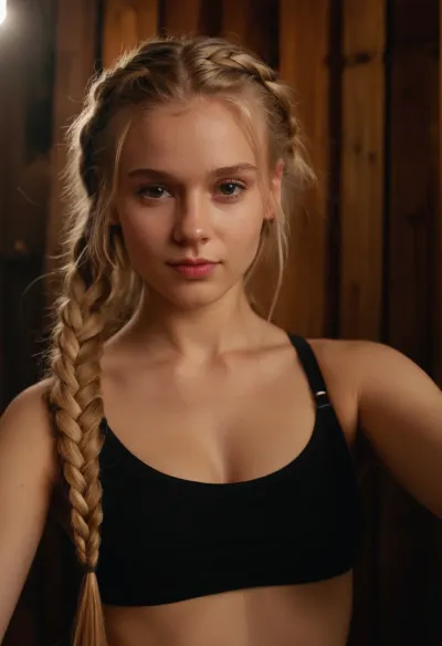 one 18 year old ranch girl, (The girl has long blonde hair braided in dreadlocks), pale skin, pink cheeks, very sexy, very cute, full figure, breasts visible, (petite model on instagram), small breasts, very slim girl, slim figure, slim waist, fit girl, very, innocent face, sexy look, very petite girl, very arched, ultra realistic, very detailed, selfie quality, godpussy, <lora:SDXL_GodPussy_v1:.5>