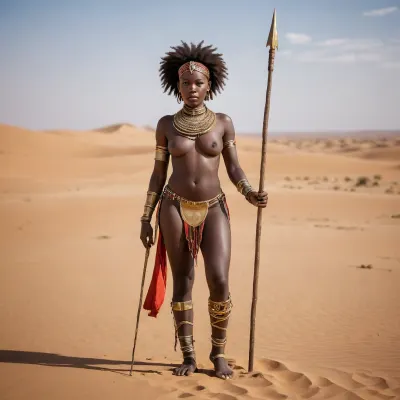 nude african woman from the maasai tribe with gold bracelets on her arms and legs in full growth with a spear and shield in her hand stands in the sahara desert next to a leo