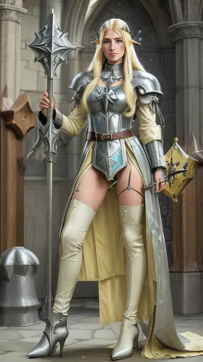 a very beautiful, tall and slender, sexy female elf cleric, wearing a white plate armor, very high heels, necklace with an holy symbol, ((a war hammer and a shield on the ground)), ((very long blonde hair)), she is prying in a medieval church, Long, hair, very_long_hair, l0ngha1r, CardboardRay, mace, <lora:maceweap:.8>