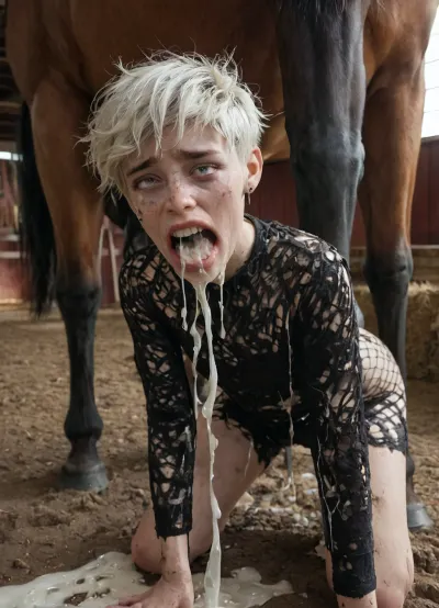 girl, extremely skinny body, very tall, white hair, pixie cut hair, messy hair, ((teeth, painful face, looking at me), ((girl is completely visible)), (black fishnet clothes), at a farm, muddy ground, ((girl is getting fucked by a horse)), ((horse is cumming, masses of cum)), ((giant horse cock size)), ((forced beastiality)), ((cum running from her mouth and pussy)), (((cumbath))))