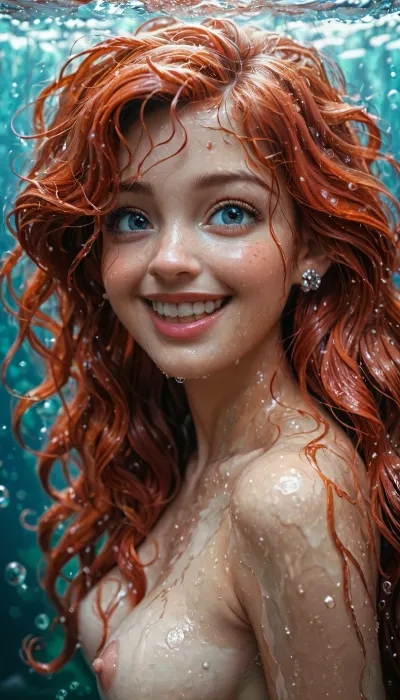 disney, redhead Princess ariel, the little mermaid, mermaid body, topless, messy hair, looks happy, wet body, wet hair, detailed background, perfect detailed body, detailed skin texture