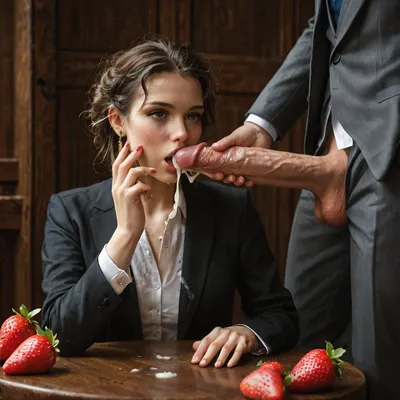 1 girl ultra sensual, suits, she's jerking off a huge penis, stroking a man's penis, ejaculation on strawberries. she sits at a table with lot of fruits. Sick cum everywhere on the fruits