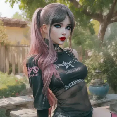 (portrait of 1 girl 20 yo with pink long hair in a sexy outfit), m4 sopmod ii girls frontline, oppai cyberpunk, seductive anime girl, perfect android girl, cyberpunk anime girl, artwork in the style of guweiz, female cyberpunk anime girl, trending at cgstation, trending on cgstation, fine details. girls frontline, from girls frontline, girls frontline universe, guweiz, cyberpunk femme fatale, with pokies, (slim girl), (small breasts), (small butt), lingerie, pose, candy room, amplifier, (she wears studded bracelets), (((she wears a Sepultura Shirt))), (small eyebrowns), (eyeliner), bodypainting, (freundliches lächeln), smoke, transparent, clothes, ((red lips)), (((smoky-eyes))), <lora:pokies_9:.5>, <lora:Transparent_Clothes_V2:.5>, she smiles, she sits in the garden and sunbathes, (((portrait)))