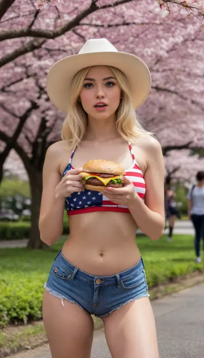 A beautiful white American girl, blonde hair, cowboy hat, American flag Bikini, Jeans mini shorts, ((eating a cheeseburger)), ((confused face)), ((baffled)), ((confused)), ((lost)), ((dumb)), ((stupid)), in the O-Hanami Cherry Blossom and Cherry Festival, full body, Japan-ish, <lora:401657_training_data:2>, Hasui, Kawase, Style, page, <lora:Hasui Kawase Style:.8>