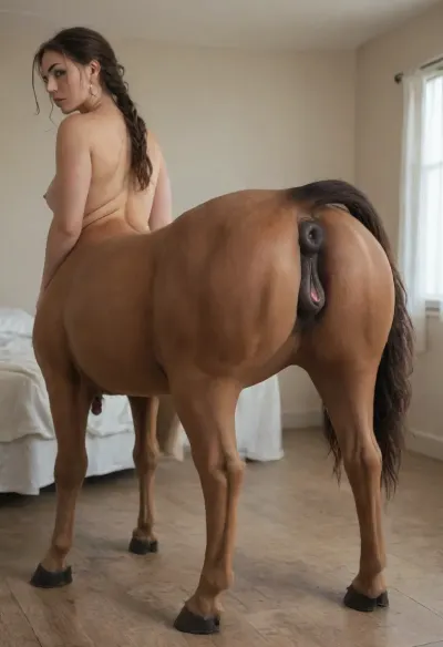 female centaur, realistic, from behind, equine pussy, equine anus, seductive, bedroom eyes, in heat, hooves, looking over shoulder, <lora:259755_training_data:.5>
