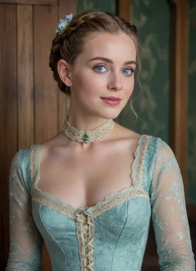 In a stable. Excited lady, between horse stalls, between horses, on the hay. 21 yo Woman, adorned in Richly decorated historical lady lace dress, wide open Square neckline. ginger-auburn longe hair in braids, D-cup breast. Wasp thin waist. Wide lips, puffy lower lip, symmetrical Rectangle face shape, largr upturned pale blue eyes. Couture, Colourful, long gown, emerald collar, delphiniums, peony, peppermint, embroidered lace, chandelier, glittery smoke, beautiful model braided hairstyle, light lora, MJ52, .4>, 1880_dr3ss, 1890_dr3ss, 1900_dr3ss, 1905_dr3ss, 1910_dr3ss, Fortuny, <lora:SDXLHighDetail_v6-000005:.5>, <lora:Belle_Epoque_Dresses_1880-1914_XL:.4>, Eye contact with a viewer, alluring smile, seductive gaze