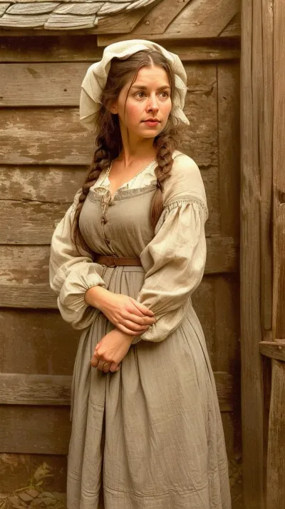 A beautiful curvy peasant woman, 40 years old, of Slavic ethnicity, stands near a dilapidated wooden barn. Her face holds a calm, yet weary expression. Her dark brown eyes, slightly downturned. She wears a linen chemise, antique in style, reaching her ankles. The garment is unbelted, with long, wide sleeves that fall loosely to her wrists, unfastened. A simple neckline is tied with thin, dark linen tapes. The texture of the linen is coarse, slightly rumpled. Her hands, calloused and strong, hang loosely at her sides, her posture stooped yet dignified. The woman's dark hair is pulled back in a simple braid. The barn, constructed from aged, grey wood, shows signs of decay—warped planks. The background is a muted palette of browns, greens, and greys, reflecting a late afternoon light. The overall style evokes a realistic portrayal, reminiscent of Russian realism, with a focus on capturing the raw honesty and dignity of rural life. The composition is a three-quarter view, slightly low angle, emphasizing the woman's stature against the imposing backdrop of the barn. The lighting is natural, diffused sunlight casting soft shadows, enhancing the textures and details of both the woman and her surroundings., vntgdrwngCE, style, fanslu, <lora:FantasySlums-10:.8>