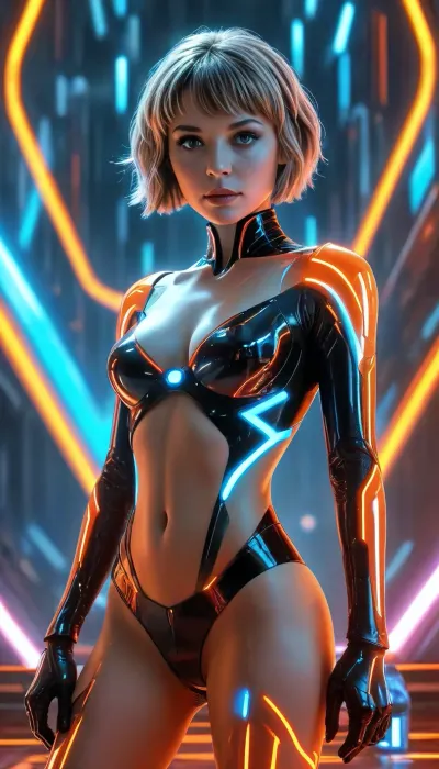 ((Movie poster for a 2020s SciFi movie version of Tron movie, sexy, cleavage, short hair, sexy legs, small breasts)), <lora:MJ52:.6>, Movie, Poster, page, <lora:Movie Poster:.8>