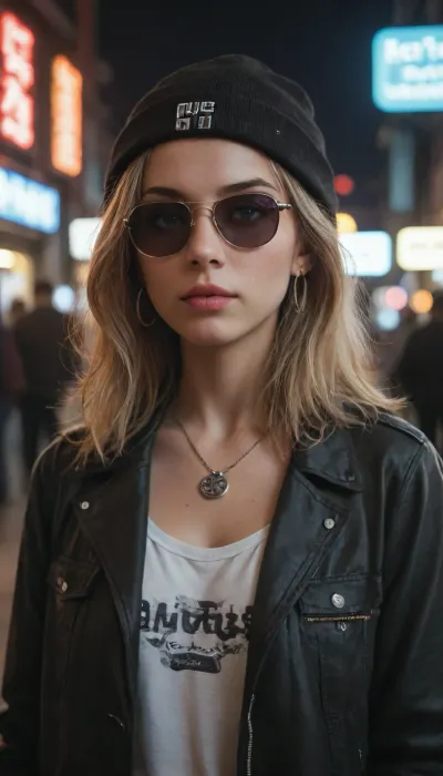 score_9, score_8_up, score_7_up, alternative girl, watching over black sunglasses, jacket, necklace, neon light reflections on skin, ear ring, makeup, skin imperfection, cute hair, beanie, neon lights background, low light, depth of field, highly detailed, high contrast, film grain, Rim Lighting, Long Exposure, DSLR