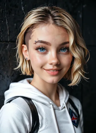 (masterpiece), ((best quality)), parted lips, light_smile, cinematic lighting, ultra-realistic, ((realistic)), (gwen_stacy), blonde_hair, short_hair, solo, sidecut, asymmetrical_hair, parted_lips, eyebrow_piercing, (detailed face), beautiful 1girl, 1girl, looking at viewer, (beautiful detailed eyes), bodysuit, spider-suit, white hoodie, hood_down, portrait, upper_body, (side of head shaved), (small breasts), worshipping cock