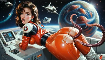Beyond boundaries: a retro sci-fi pin-up's alien encounter
