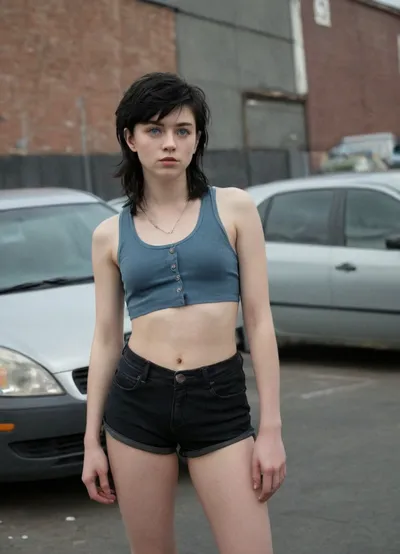 Full body shot, 18 year old girl, pale skin, androgynous body, shaggy mullet haircut, black hair, blue eyes, cute upturned button nose, perky teardrop breasts, torpedo tits, cool clothes, hipster, tank top, no bra, jacket, black shorts, <lora:updated_modernmullet_v1:.5>, <lora:Cool Hong Kong Girl SDXL:.4>