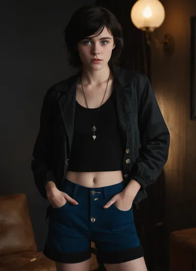 Full body shot, 18 year old girl, pale skin, androgynous body, shaggy mullet haircut, black hair, blue eyes, cute upturned button nose, perky teardrop breasts, tank top, jacket, black shorts