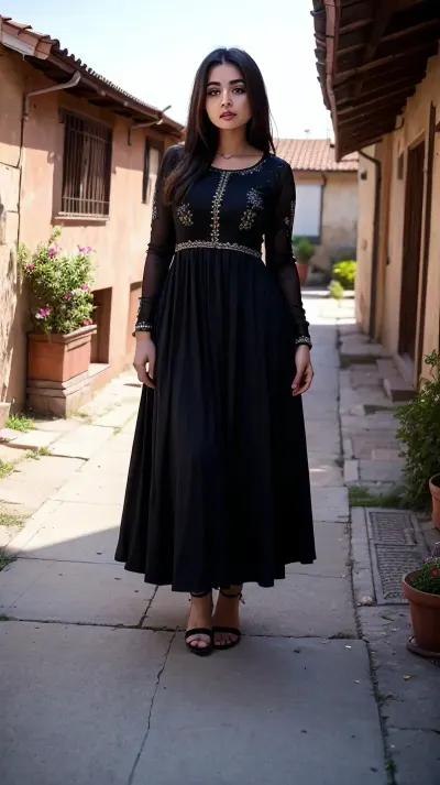 Turkish girl in black anarkali dress, outdoor village, full body image