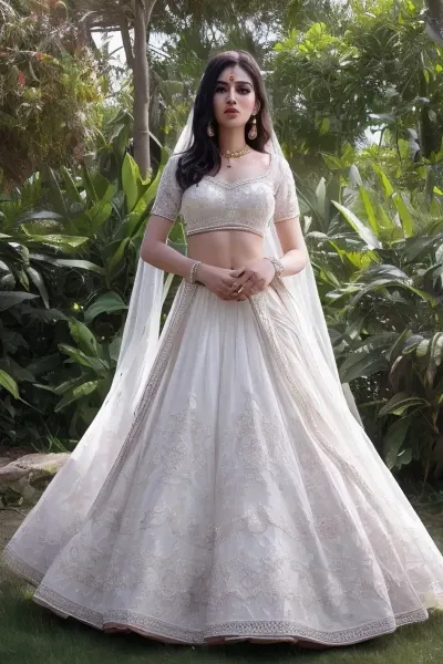 Extremely Milky white skin, ((extremely white complexion)), Indian girl, lehenga choli, full body image