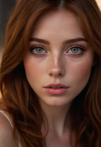 Highly detailed, close-up photograph of a young woman with light skin and subtle freckles, focused on her captivating eyes., (vibrant auburn hair with dark roots, textured layers, coppery highlights), Her hazel eyes are glistening, and her full lips are slightly parted, showcasing a natural, soft pink hue. The background is blurred, but colorful, iridescent light reflections add a dreamy, ethereal quality to the image. The overall mood is intimate and sensual, with a focus on the natural beauty and texture of the subject's skin and hair. The lighting is soft and warm, enhancing the serene atmosphere., igbaddie, ziprealism, <lora:igbaddie-XL:.4>