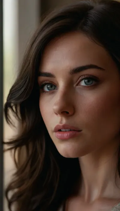 Highly detailed, intimate portrait of a young woman with light skin and subtle freckles, focused on her adoring gaze., (stylish dark brunette hair, textured layers, dark highlights:1.4), Her strikingly pale blue eyes glisten in the sunlight.
Her full lips are slightly parted, showcasing a natural, soft pink hue. The background is blurred, but colorful, iridescent light reflections add a dreamy, ethereal quality to the image. The lighting is soft and warm, with a slight bokeh, enhancing the serene and gentle atmosphere., (perfect framing, rule of thirds, three quarters view), igbaddie, ziprealism, <lora:igbaddie-XL:.4>