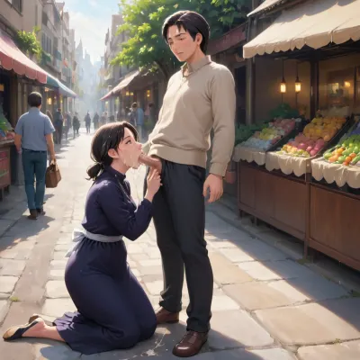 ghibli style, Studio ghibli art, public marketplace, man and Woman, man standing, Woman Kneeling and sucking his dick, public blowjob, cumshot, cum on face, cum in mouth, clothes on