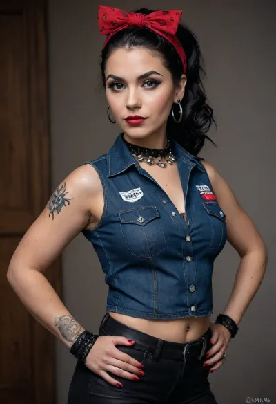 Create a striking, bold poster inspired by the iconic "Rosie the Riveter" design, but with a modern twist. This time, feature a powerful Latina woman who embodies both strength and gothic style. She is dressed in a vintage, World War II-era denim work shirt, rolled up at the sleeves, but with a twist, her shirt is adorned with subtle black lace details and dark studs. She wears a red bandana, tied around her head in the classic Rosie style, but it features gothic patterns—skulls, roses, or dark florals—adding a unique edge.

Her skin is pale and flawless, with a subtle hint of gothic makeup. Her lips are painted a deep, matte black or rich burgundy, and her eyes are accentuated with dramatic eyeliner, smoky eyeshadow, and bold mascara, giving her an intense, captivating look. She has long, jet-black hair that cascades in soft waves, contrasting with her bright red bandana, and darkened eyebrows that emphasize her strong, confident gaze.

Her posture is confident and defiant, with one arm raised in the iconic "We Can Do It!" flex pose, muscles defined, showcasing both strength and empowerment. In her other hand, she proudly holds a plate of tacos, each one vibrant and delicious-looking, with bright, fresh ingredients like cilantro, lime, and juicy meats. The tacos contrast beautifully with her gothic aesthetic, merging her love for her culture with her unique, bold style.

Around her neck, she wears silver or black gothic jewelry—perhaps a choker with spikes or a pendant featuring dark symbols, adding further depth to her look. Her fingers, painted in black or deep purple nail polish, are adorned with silver rings, giving her an even more fierce, rebellious presence.

The background of the poster should feature deep, bold colors—perhaps a moody, dark purple, black, or deep red—capturing both the strength and the gothic vibe. The text should read something like “Strength in Heritage” or “Power in Pride, ” in a bold, vintage-style font, but with a gothic twist—perhaps with spiked lettering or a hint of eerie detail, like drips or lace patterns, blending both vintage and gothic aesthetics.

This Latina woman should be the focal point, standing strong, confident, and empowered, with an air of rebellion and gothic beauty that sets her apart. The overall design merges the power of the Rosie the Riveter spirit with the boldness of goth culture, creating a timeless, rebellious, and empowering image.
