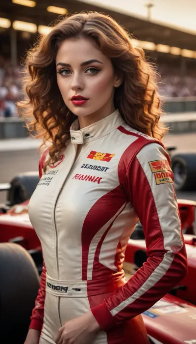 (masterpiece, oil painting style, classical realism, warm tones), 1girl, sensual and noble Formula 1 racer painted like a royal portrait, long auburn curls, perfectly sculpted features, full red lips, deep brown eyes full of power, tight racing suit rendered with rich texture over her voluptuous figure, soft lighting on her chest and thighs, leaning against vintage-style F1 car, blurred grandstand behind, golden hour palette, emotional brushstrokes, elegant and powerful composition