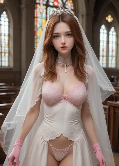 1 girl, bride, solo, wedding lace white dress, pink gloves, pink lace bra, white thong panties, white cape over her shoulders, red long hair, orange eyes, standing in the aisle of the church in the stained glass light of the sun, hair loose, tiara on her head, cross on her neck